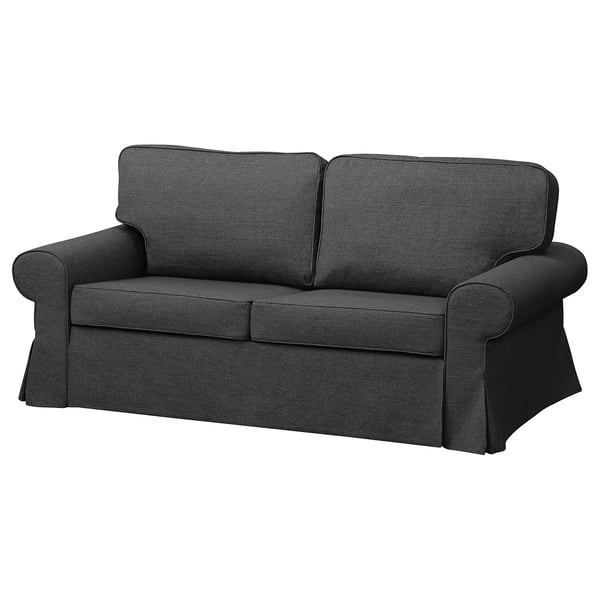 Ciemnoszara sofa z poliestru pochodzącego z recyklingu z podłokietnikami i poduszkami na pudełka.