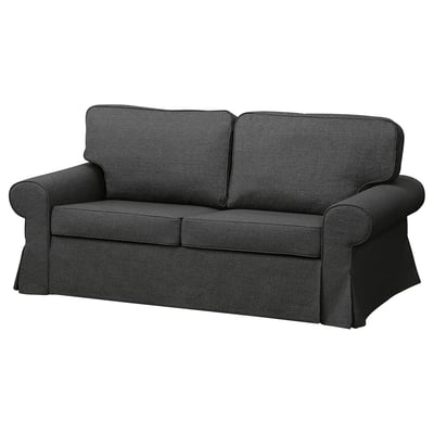 Ciemnoszara sofa z poliestru pochodzącego z recyklingu z podłokietnikami i poduszkami na pudełka.