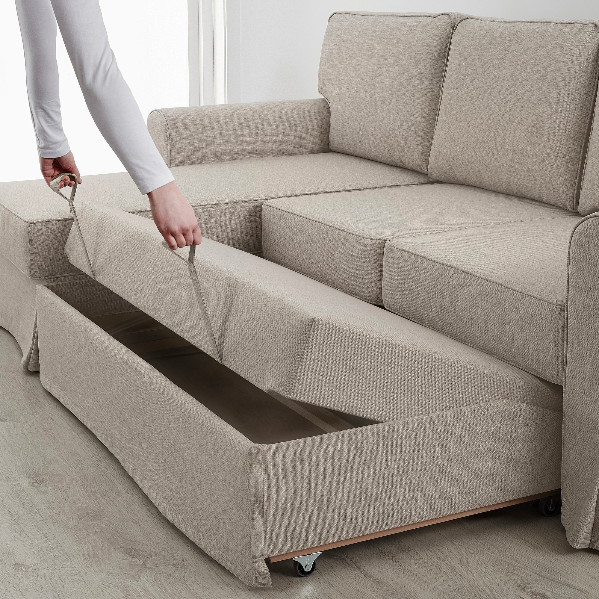 EVERTSBERG Sofa 2osobowa rozkładana, z szezlongiem i pojemnik/beżowy