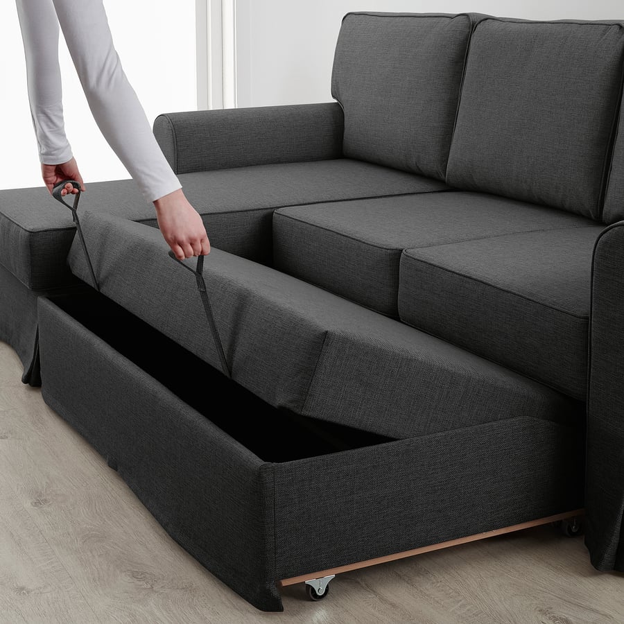 EVERTSBERG Sofa 2osobowa rozkładana, Z szezlongiem z pojemnikiem/ciemnoszary IKEA