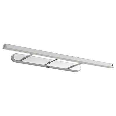 Srebrna lampka toaletowa led FLASKPOST, regulowana, chromowany metal, minimalistyczny design, montaż na ścianie lub szafce.