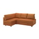 FRIHETEN pomarańczowa rozkładana sofa w kształcie litery L ze schowkiem. Nowoczesny design, wygodna tapicerka.
