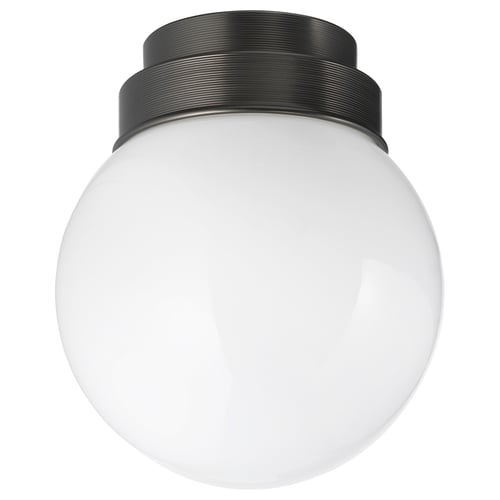 Okrągła, czarno-biała lampa ze szklanym kloszem; Pasuje do sufitu, wygląda klasycznie.