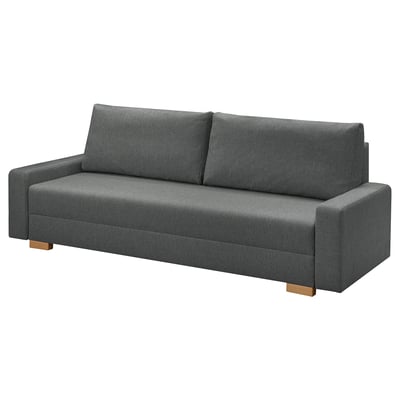 Szara rozkładana sofa GRÄLVIKEN z drewnianymi nogami, prostokątnym kształtem i prostym designem.