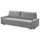 Szara rozkładana sofa GRÄLVIKEN o nowoczesnym, prostym designie. Posiada trzy poduszki i drewniane nóżki, idealne do kompaktowych przestrzeni.