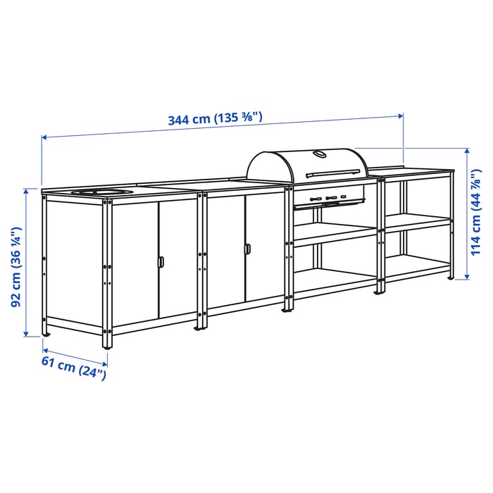 GRILLSKÄR Кухонна мийка/садовий вугільний гриль, нержавіюча сталь, 344x61 см, фото 7