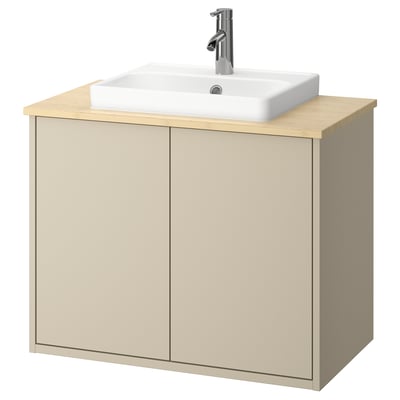 Szafka łazienkowa HAVBÄCK beżowa, ścienna, drewniana, kwadratowa, minimalistyczny design, prostokątna umywalka.