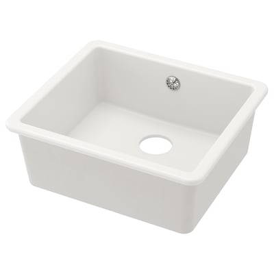 Biały zlewozmywak ceramiczny HAVSEN z pojedynczą komorą i zaokrąglonymi rogami.