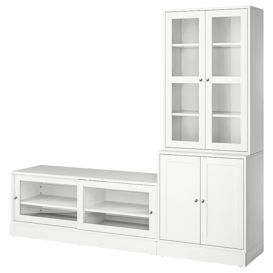 HAVSTA  TV plauktu komb. ar stikla durvīm, 241x47x212 cm, baltā krāsā  