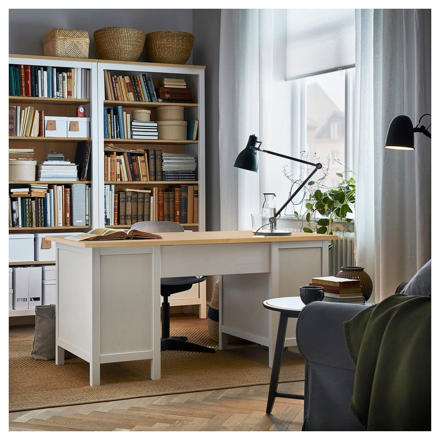 HEMNES kirjutuslaud, valge peits/helepruun, 155x65 cm