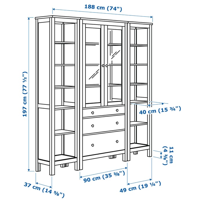 HEMNES Комбінація стелажів із дверцятами/шухлядами, біла морилка/прозоре скло, 188x197 см, фото 4