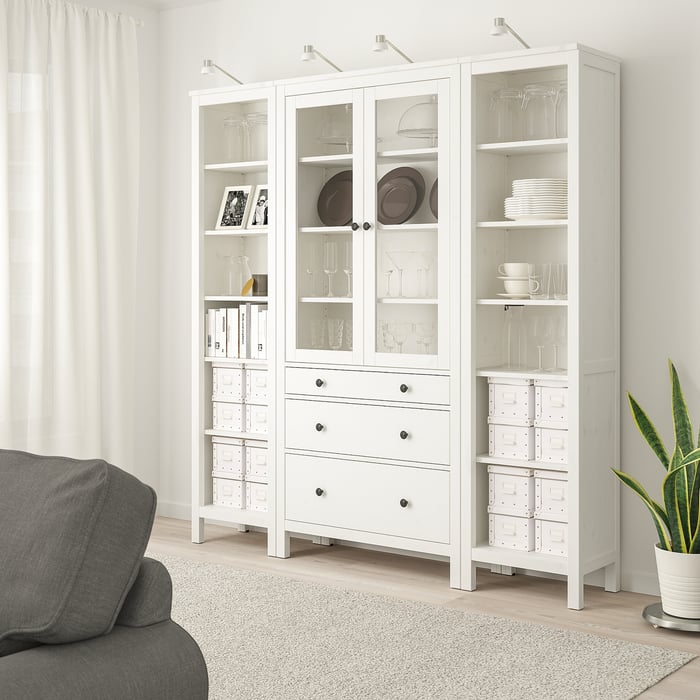 HEMNES Комбінація стелажів із дверцятами/шухлядами, біла морилка/прозоре скло, 188x197 см, фото 2