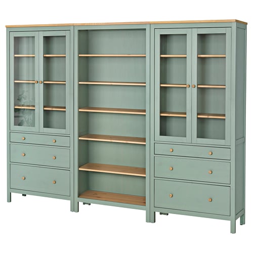 HEMNES Комбінація стелажів із дверцятами/шухлядами - сіро-зелений/світло-коричнева морилка 270x197 см