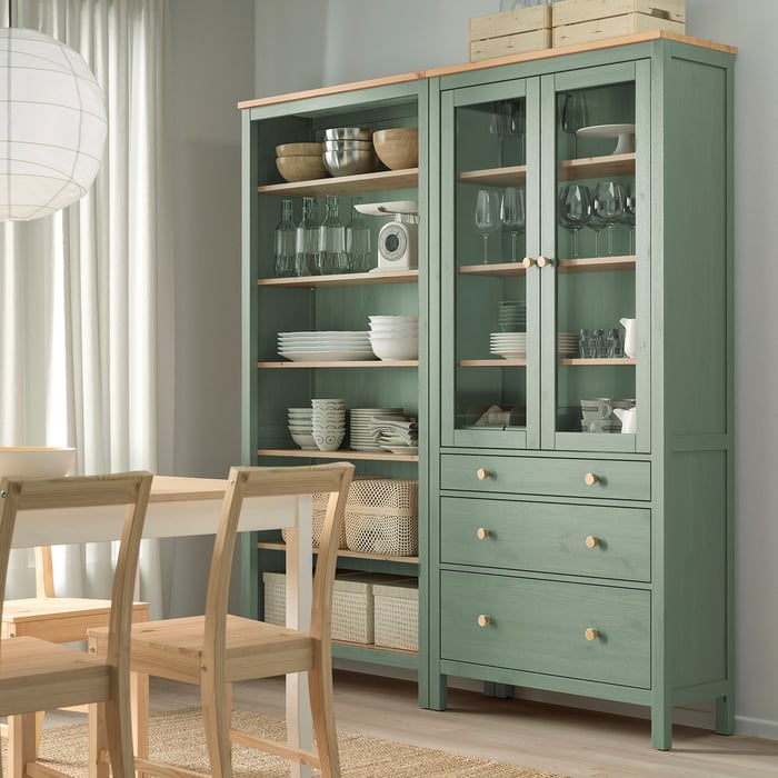 HEMNES Комбінація стелажів із дверцятами/шухлядами, сіро-зелений/світло-коричнева морилка, 180x197 см, фото 2