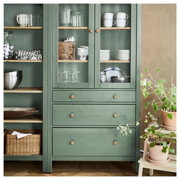 HEMNES Комбінація стелажів із дверцятами/шухлядами, сіро-зелений/світло-коричнева морилка, 180x197 см, фото 4
