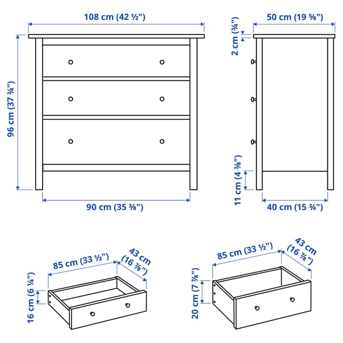 HEMNES Комод, 3 шухляди, сіро-зелений/світло-коричнева морилка, 108x96 см, фото 7