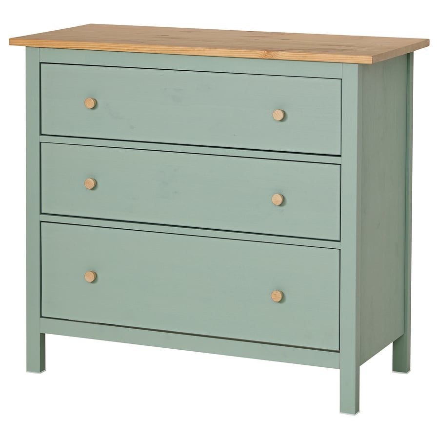 HEMNES kumode ar 3 atvilktnēm, pelēkzaļa/gaiši brūni beicēta, 108x96 cm