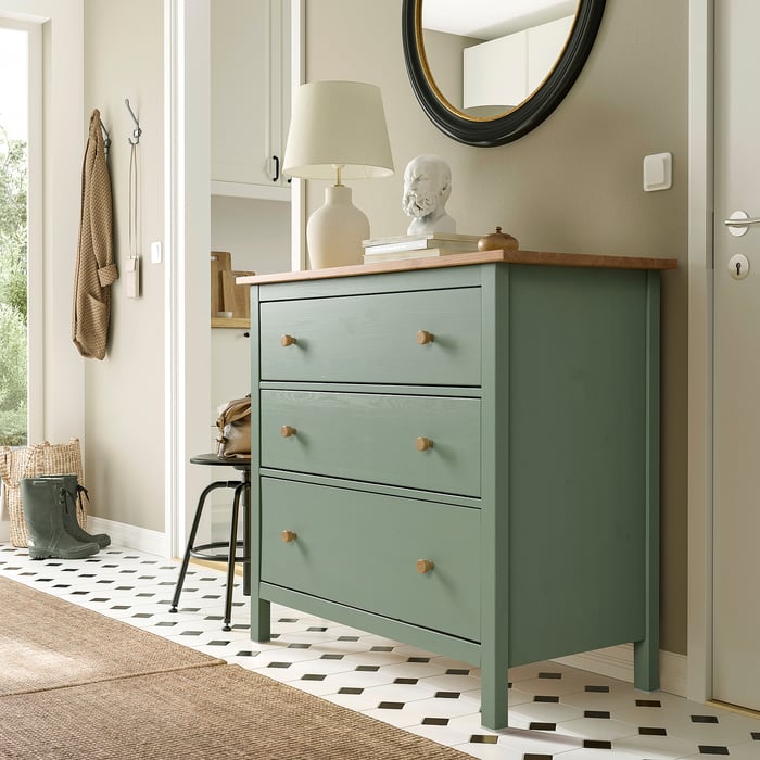 HEMNES Комод, 3 шухляди, сіро-зелений/світло-коричнева морилка, 108x96 см, фото 5