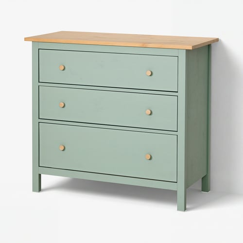 HEMNES Комод, 3 шухляди - сіро-зелений/світло-коричнева морилка 108x96 см