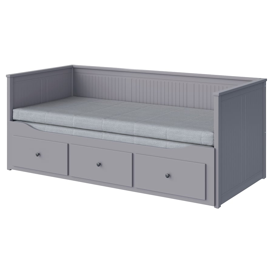 HEMNES  gulta ar 3 atvilktnēm un 2 matrač., 80x200 cm, pelēkā krāsā/Ågotnes stingrs