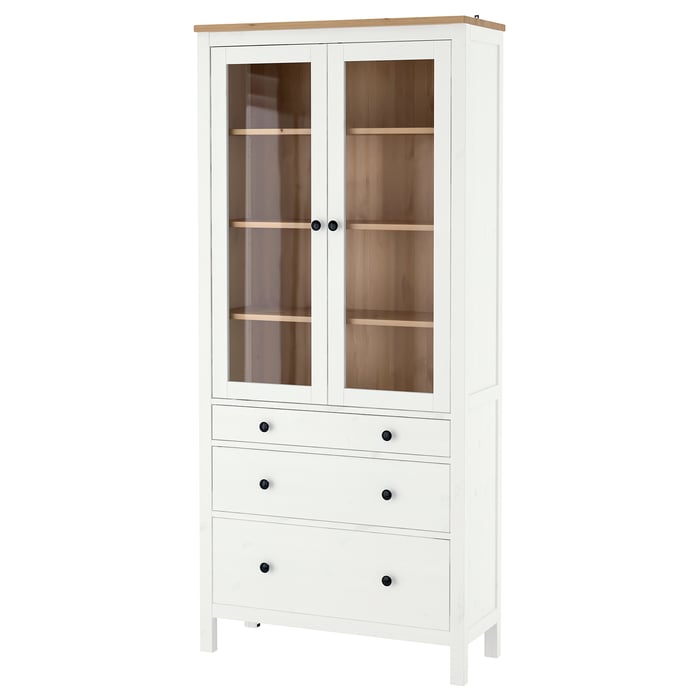 HEMNES Шафа-вітрина з 3 шухлядами, біла морилка/світло-коричневий, 90x197 см