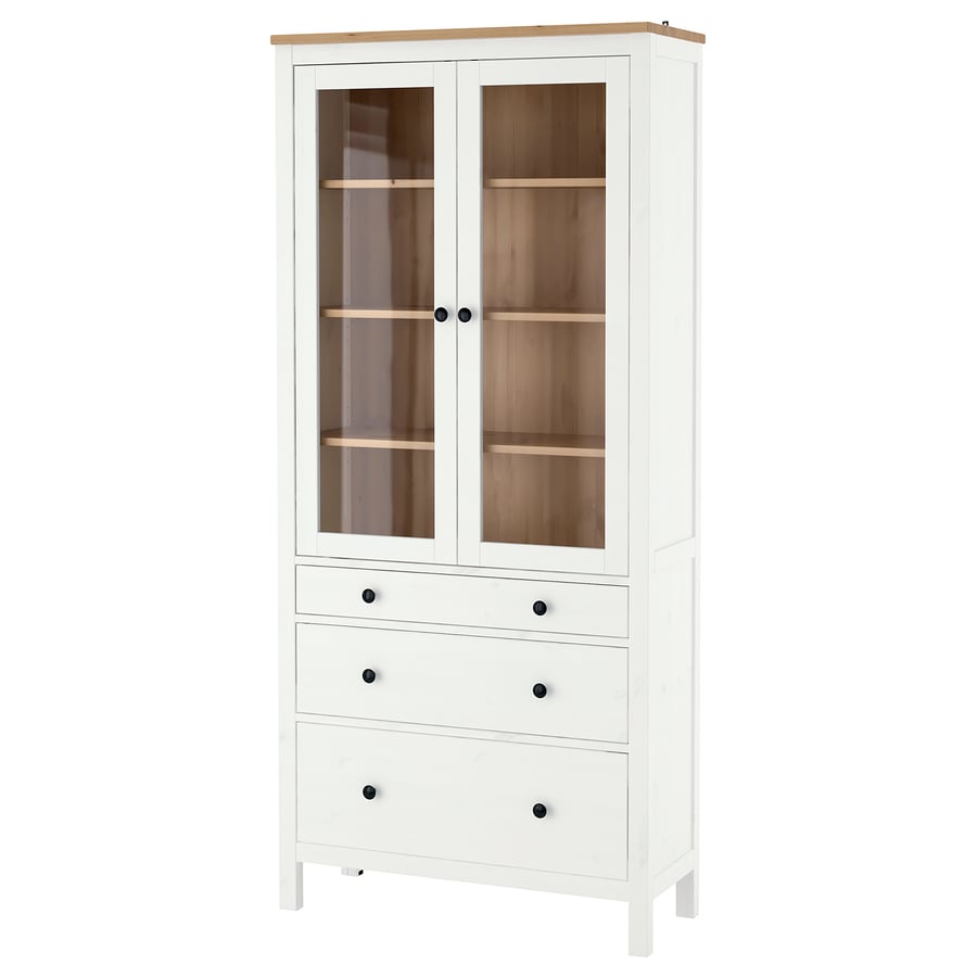 HEMNES 3 sahtliga klaasuksega kapp  90x37x197 cm valge peits/helepruun
