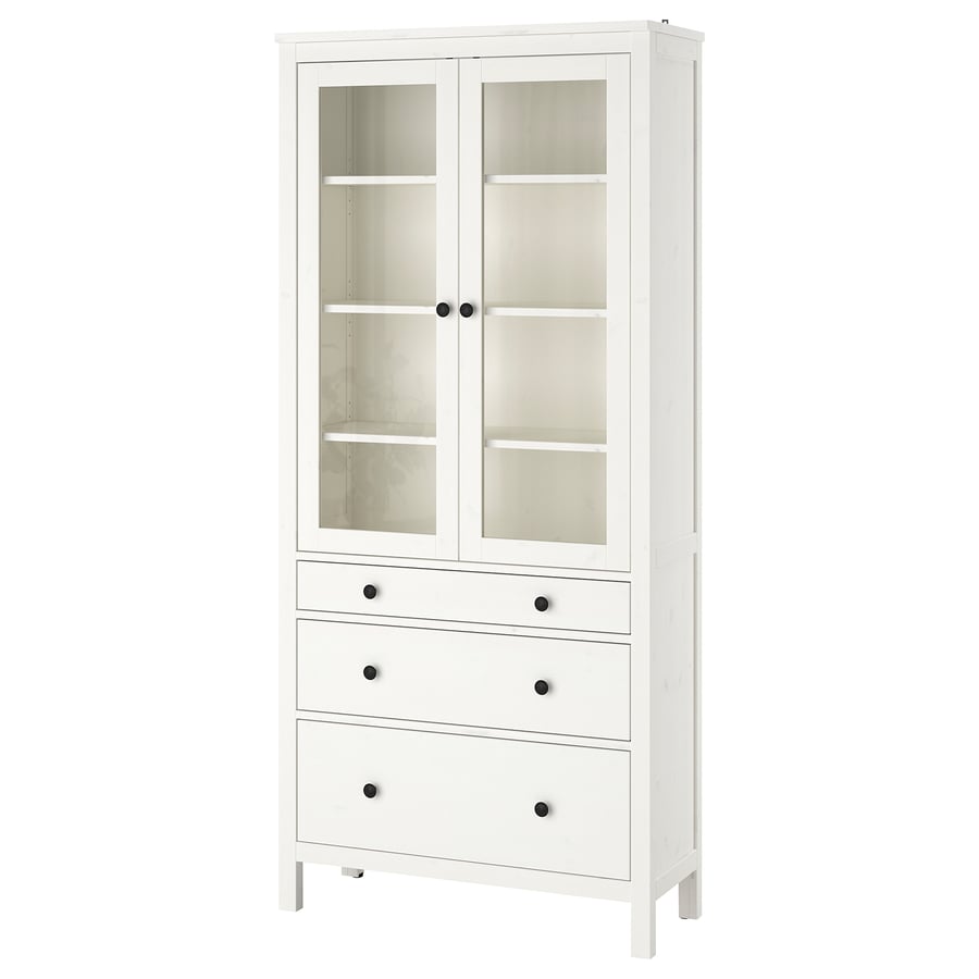 HEMNES Vitrīna-skapis ar 3 atvilktnēm, balta beice (90x197 cm)