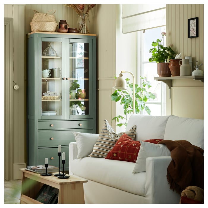 HEMNES Шафа-вітрина з 3 шухлядами, сіро-зелений/світло-коричнева морилка, 90x197 см, фото 8