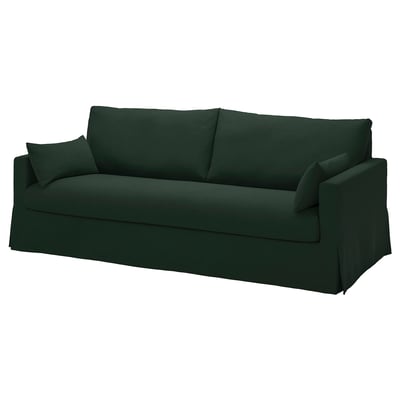 Sofa HYLTARP, ciemnozielona, nowoczesny design, z dwiema poduszkami.