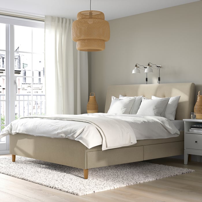 IDANÄS Ліжко з м’якою оббивкою та шухлядами, Naggen бежевий, 180x200 см, фото 2