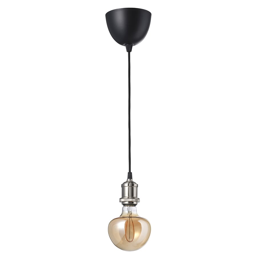 JÄLLBY / MOLNART griestu lampa ar spuldzi, tekstils niķelēts/sēne brūni caurspīdīgs stikls