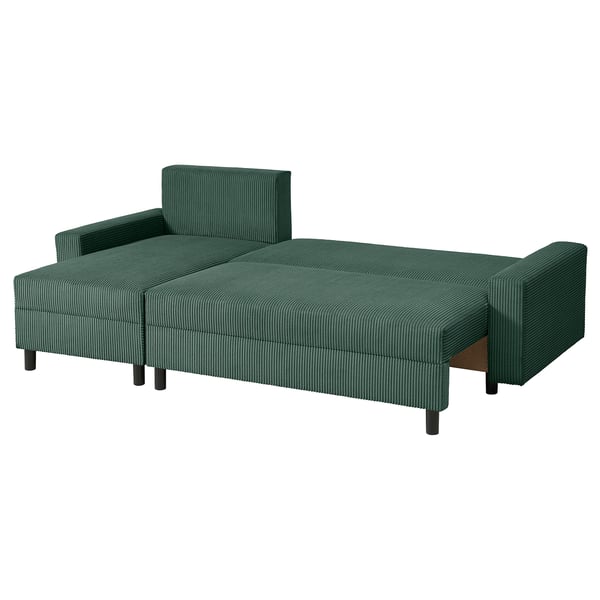 Zielona sofa JÄRINGSHOLM z paskowanym wzorem, zaprojektowana do małych przestrzeni, z wyjmowaną częścią wypoczynkową.