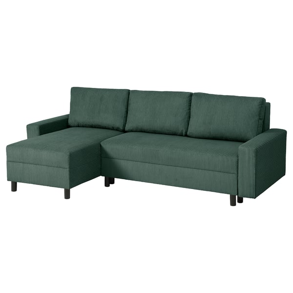 Sofa JÄRINGSHOLM: ciemnozielona, paskowana tkanina, narożnik w kształcie litery L, wygodna i wszechstronna.