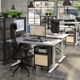 Nowoczesne biuro z ergonomicznymi biurkami, dwoma monitorami, roślinami, dużymi oknami.