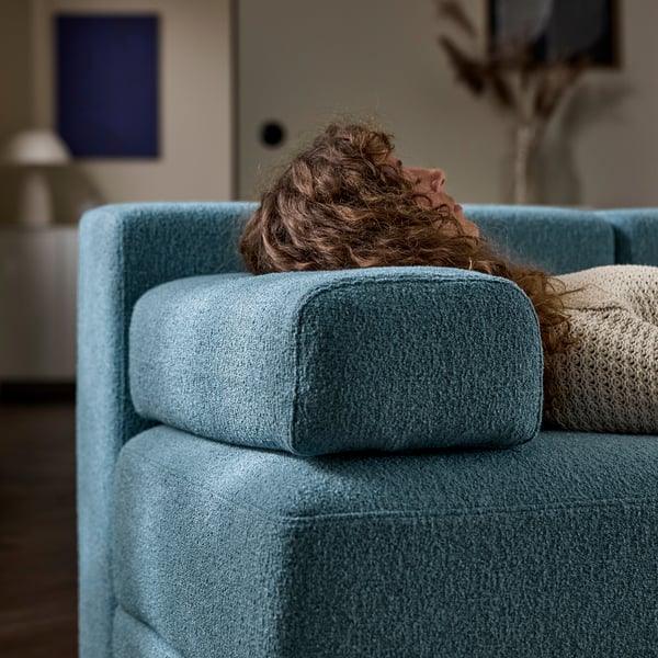 JÄTTEBO 4-osob sofa modułowa z szezlongiem, prawy z zagłówkiem/Axvall ciemny szaroniebieski