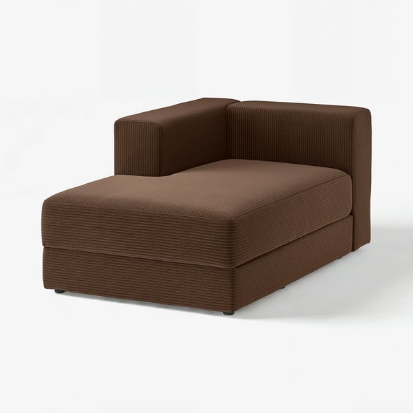 Brązowa sofa w kształcie litery L, żebrowana faktura, nowoczesny design i miejsca do przechowywania.