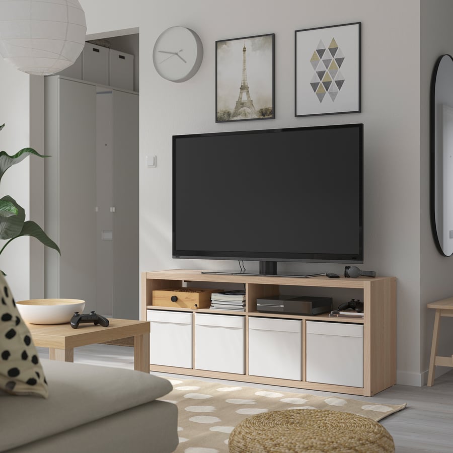 KALLAX TV plauktu kombinācija, balti beicēta ozolkoka imitācija, 147x39x60 cm