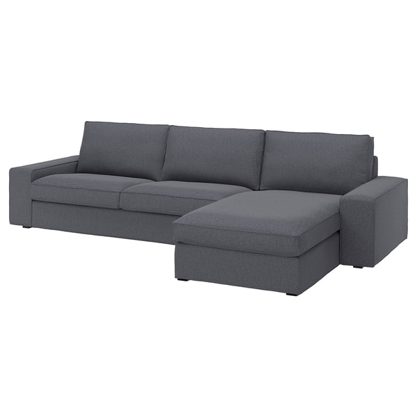 Szara sofa segmentowa KIVIK, nowoczesny design, miękka tkanina, w kształcie litery L, przytulna i przestronna.