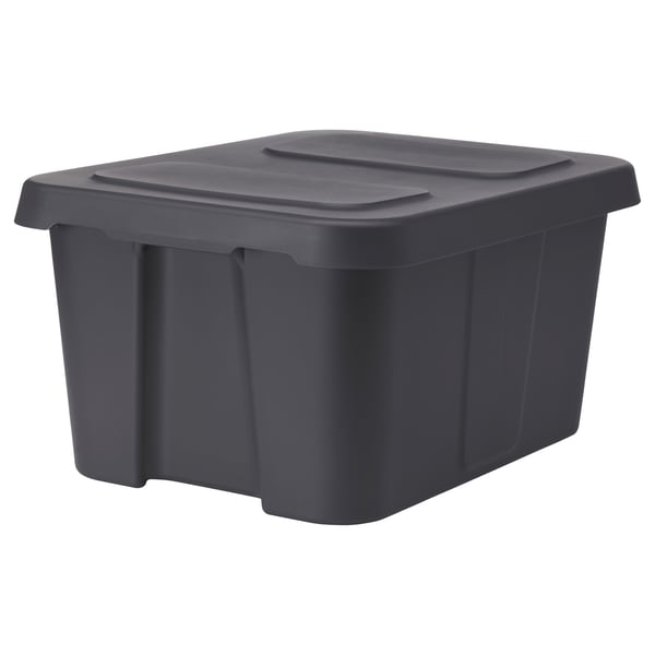 Ciemnoszary, prostokątny, duży plastikowy pojemnik do przechowywania z pokrywą zatrzaskową.