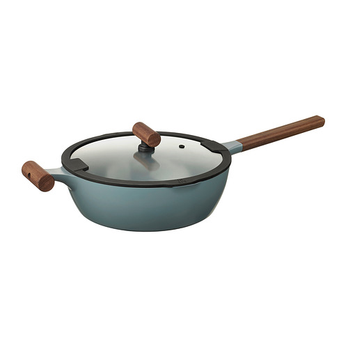 KLIPPFISK - patelnia z pokrywką, 28 cm, powłoka zapobiegająca przywieraniu szkło/drewno szaroturkusowy