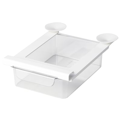KLIPPKAKTUS: przezroczysty organizer na lodówkę, biały, plastikowy, prostokątny, przyssawki.