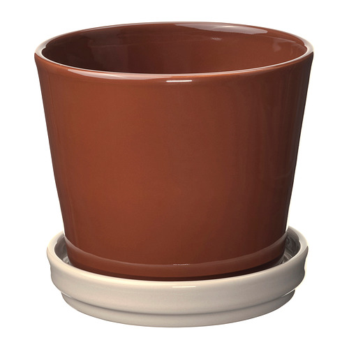 KLOTLÖNN - doniczka z podstawką, 12 cm, do wewnątrz/na zewnątrz/czerwony/brązowy jasnobeżowy