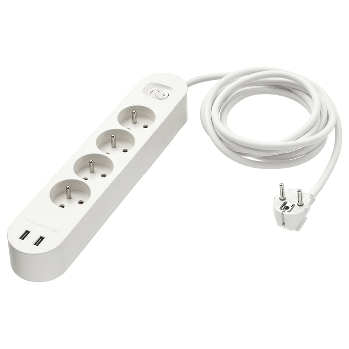 KOPPLA Подовжувач 4 розетки/2 порти USB, білий 3.0 м