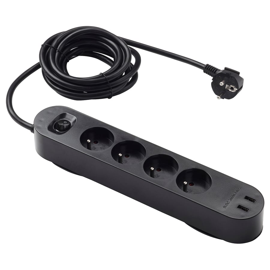 KOPPLA pikendusjuhe 4 pesa/2 porti USB, must, 3,0 m