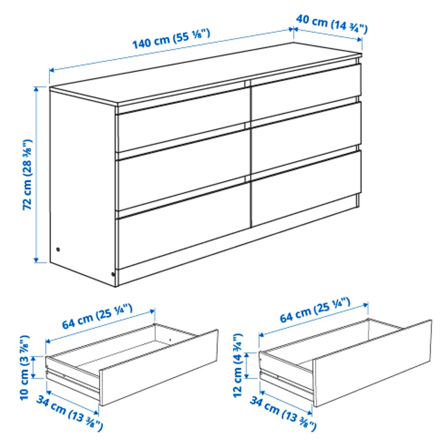 KULLEN 6 sahtliga kummut, 140x72 cm