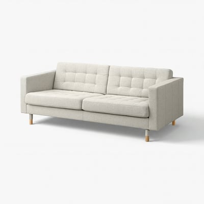 Sofa LANDSKRONA, jasnoszará, fuftowana, w stylu mid-century modern z drewnianymi nogami.