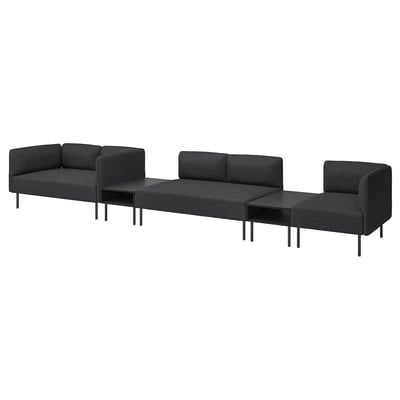 Nowoczesny modułowy zestaw wypoczynkowy z trzema sekcjami, metalowymi nogami i minimalistycznym designem.