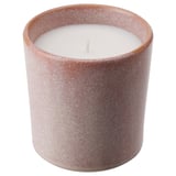 Świeca LUGNARE w różowym ceramicznym słoiku, okrągły kształt, nakrapiany wzór, zapach jaśminu.