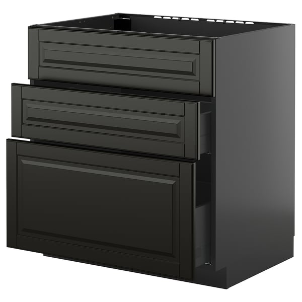 Zdjęcie przedstawia czarną szafkę kuchenną METOD z wieloma szufladami. Elegancki, nowoczesny design w błyszczącej czerni.