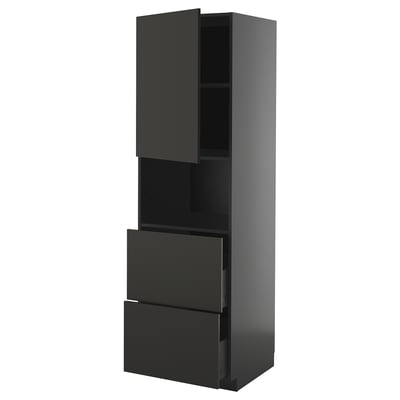 Nowoczesna, wysoka szafka kuchenna w kolorze czarnym z dwiema szufladami i otwartą półką u góry. To elegancki, nowoczesny design.